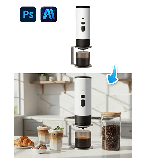 How to Blend 2 Images with PS: Realistic Coffee Machine Scene Integration with NanoBanana