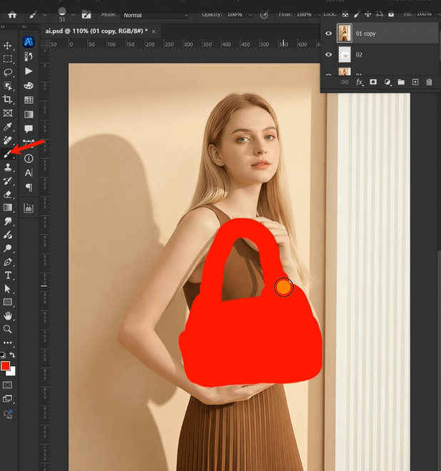Photoshop:Using a bright red brush (RGB: 255,0,0), carefully paint over the existing handbag. 