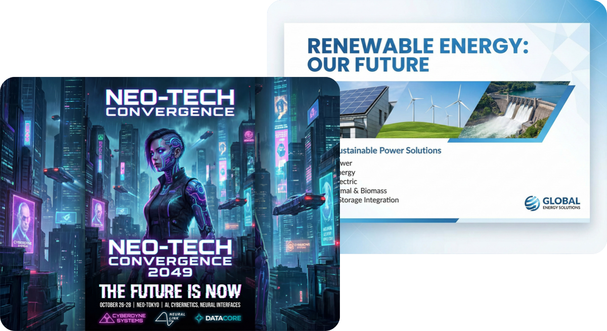 Nano Banana Pro Photoshop plugin advanced semantic understanding: AI-generated examples including a futuristic cyberpunk Neo-Tech Convergence 2049 conference poster and a clean corporate PPT slide on renewable energy with intelligent layouts and localization