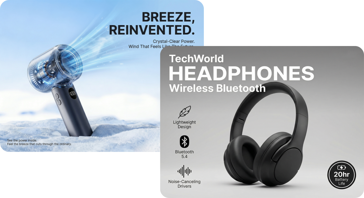 Nano Banana Pro Photoshop plugin demonstration: Industry-leading AI text rendering with crystal-clear multilingual typography. Examples include a bladeless fan ad saying 'Breeze, Reinvented' and TechWorld wireless Bluetooth headphones poster with perfect text details