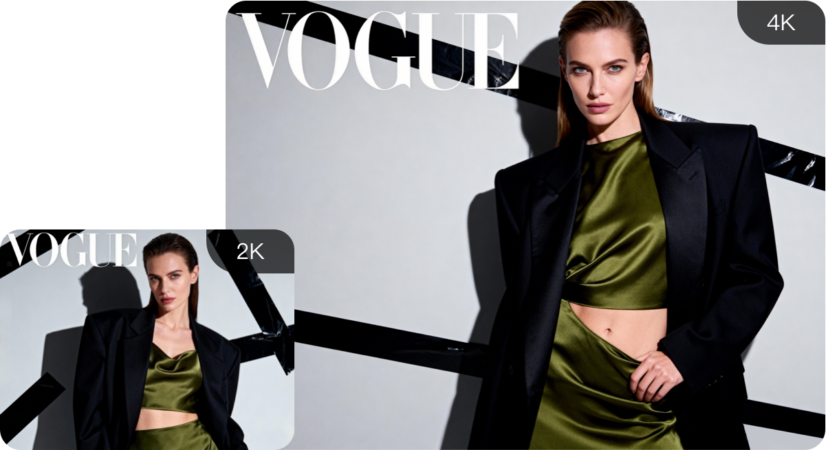 Nano Banana Pro Photoshop plugin ultra-high resolution output: AI-generated Vogue magazine cover in native 4K and 2K versions, showcasing print-ready pixel-perfect details for billboards, magazine covers, and professional portfolios