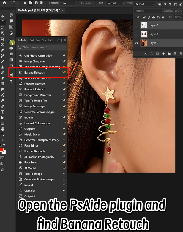 Open both your model photo and earring image in Photoshop