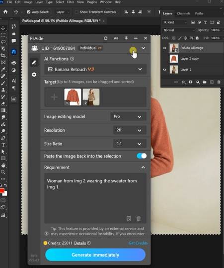 Apply PsAide nano banana for Sweater Swapping