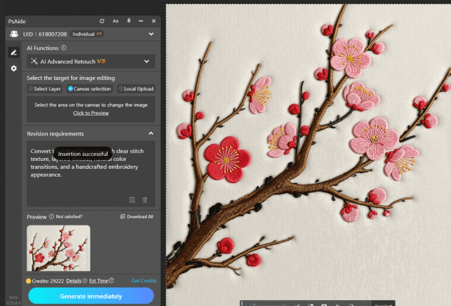 Embroidery Style Generation of AI advanced retouch