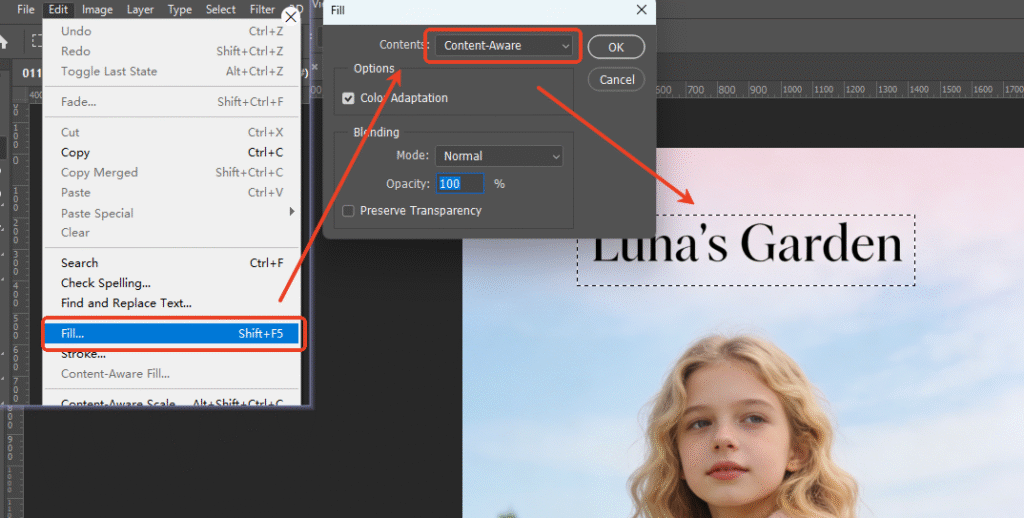 Go to "Edit > Fill", select "Content-Aware",