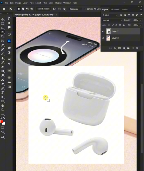 Open both your product photo (headphones) and background scene in Photoshop