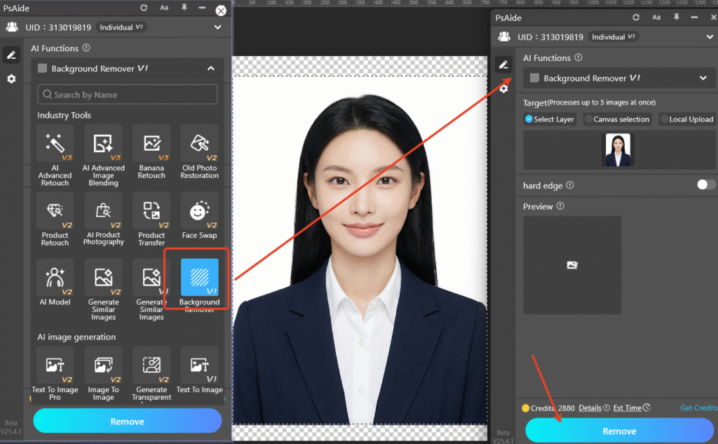 Open the ID photo in PS, launch the Psaide plugin, and use the "Background Remover"