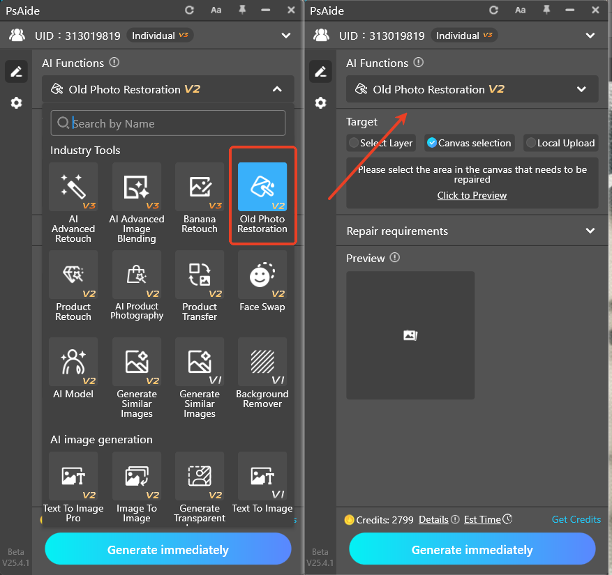 Open the Psaide plugin, locate Old Photo Restoration