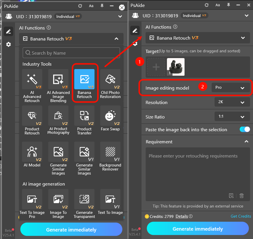 Open Psaide.Select Nano Banana Retouch 