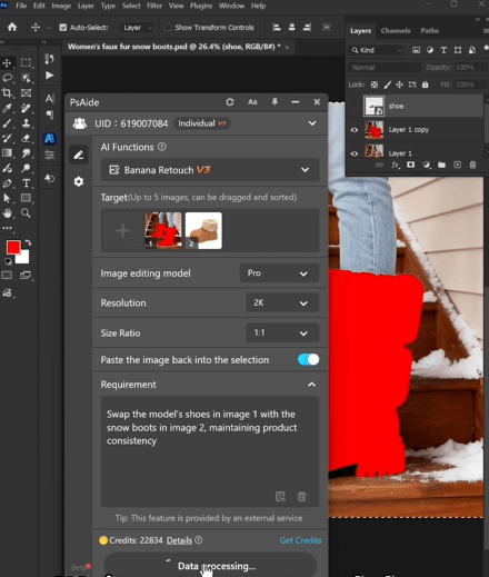 “Swap the model's shoes in image 1 with thesnow boots in image 2, maintaining product consistency”