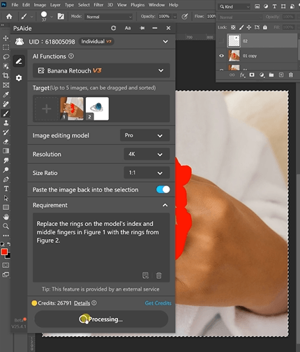 Replace the rings on the model's index andmiddle fingers in Figure 1 with the rings from
Figure 2.
