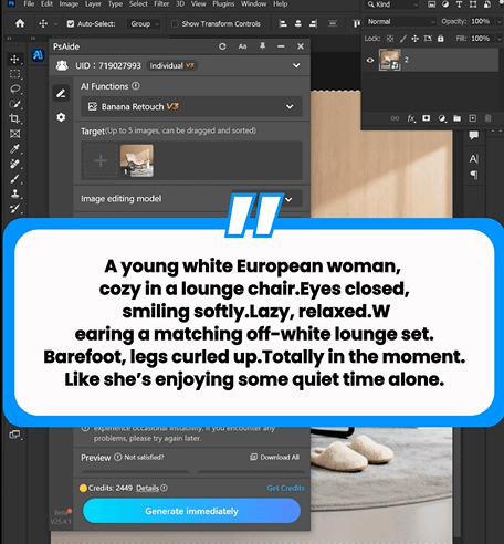 A young white European woman,cozy in a lounge chair.Eyes closed,smiling softly.Lazy, relaxed.wearing a matching off-white lounge set.Barefoot, legs curled up.Totally in the moment.Like she's enjoying some quiet time alone.