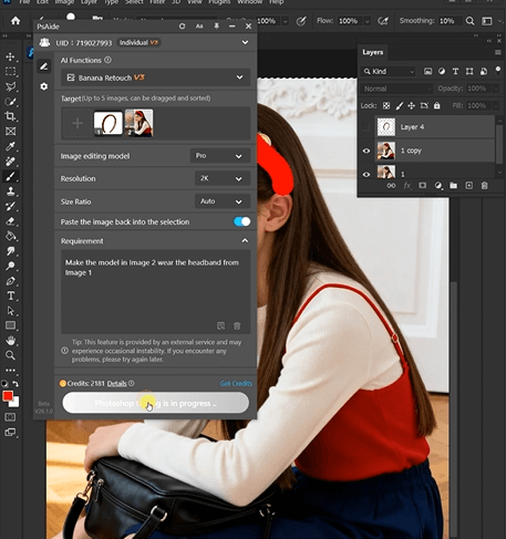 Make the model in Image 2 wear the headband from Image 1.