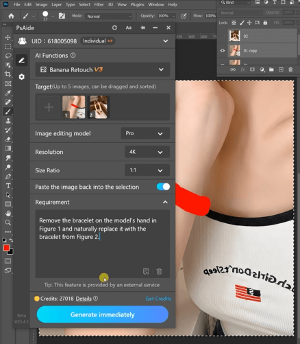 Remove the bracelet on the model's hand in
Figure 1 and naturally replace it with thebracelet from Figure 2