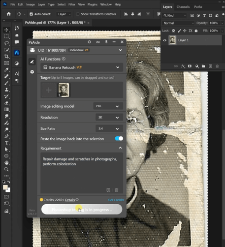 Repair damage and scratches in photographs, perfonm colorication