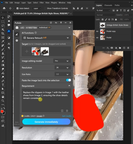 Replace the slippers in Image 1 with the leathershoes from Image 2, ensuring the shoe detailsremain consistenl