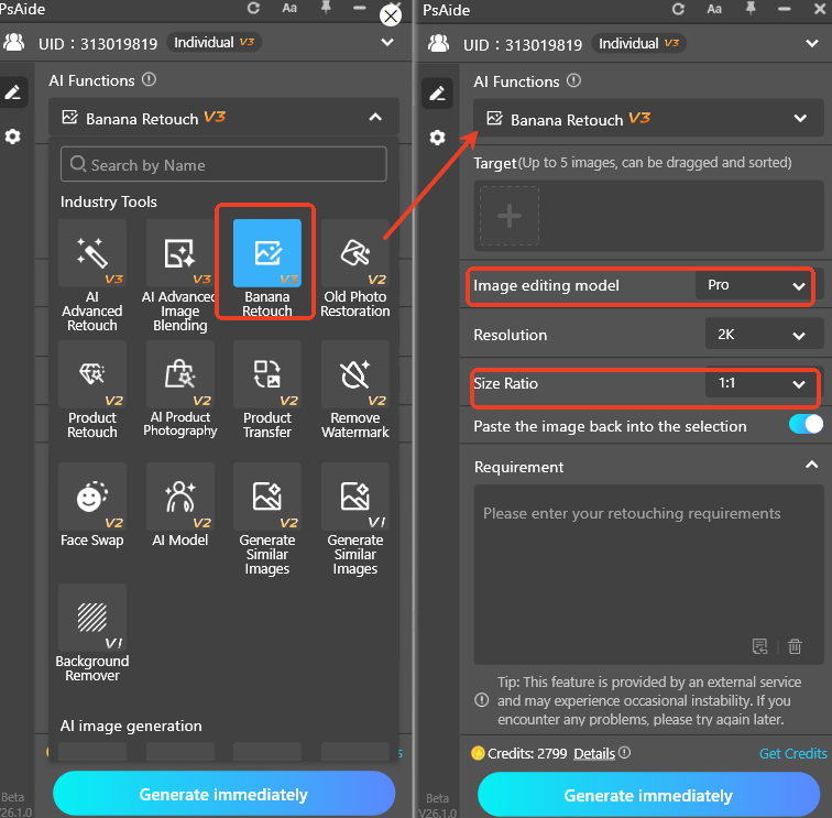 Open Psaide Plugin & select function: Start the Psaide plugin in Ps