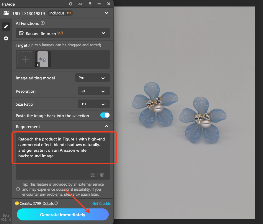 Upload the e-commerce image & enter prompt