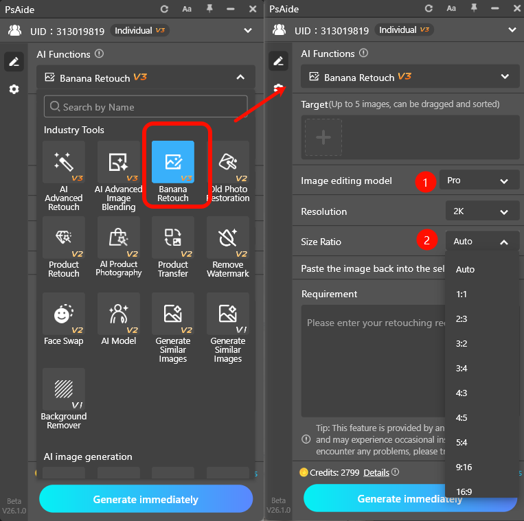 Launch the plugin and set parameters Open Psaide in PS
