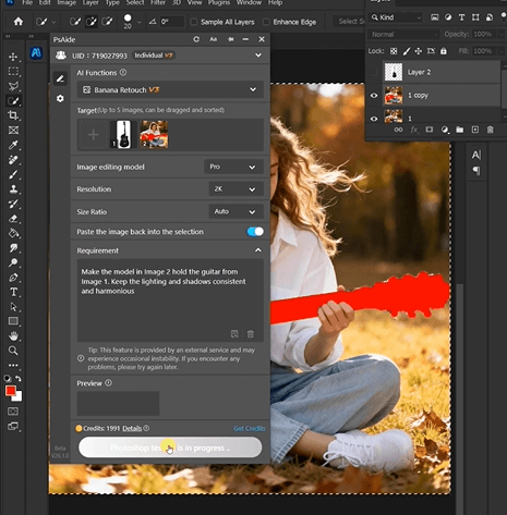 Replace the guitar with a new one, keep hand position unchanged, ensure realistic wood texture, lighting, and natural interaction.