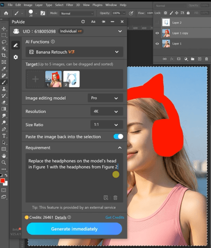 Replace the headphones with a new style, keep head position unchanged, ensure realistic material, lighting, and shadows.