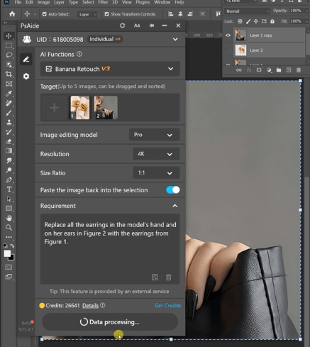 Replace all the earrings in the model's hand andon her ears in Figure 2 with the earrings fromFigure 1.