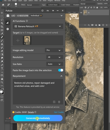 Restore old photos, repair damaged and scratched  areas, and add color