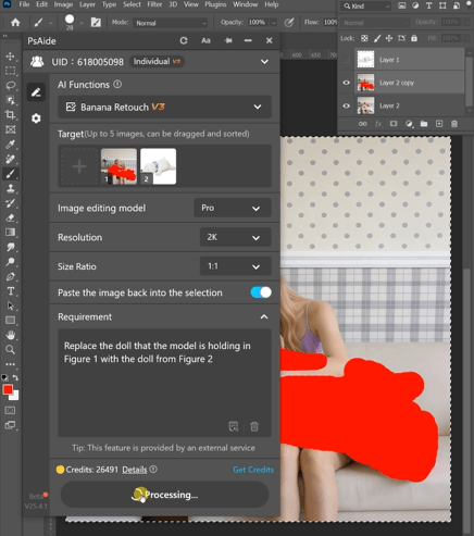 Replace the doll that the model is holding in
Figure 1 with the doll from Figure 2