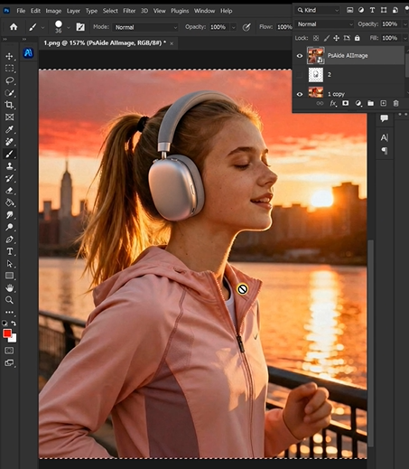 Make the model in Image 2 wear the headphones from Image 1