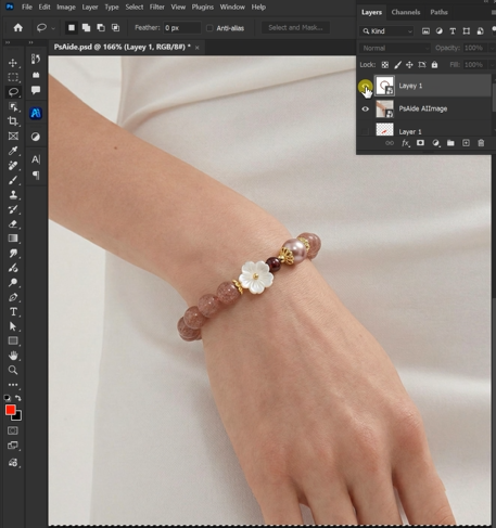 Place the bracelet from lmage 2 onto the wrist in Image 1, ensuring the detailsremain consistent.
