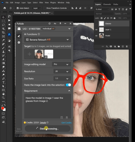 Have the model in Image 1 wear theglasses from Image 2.