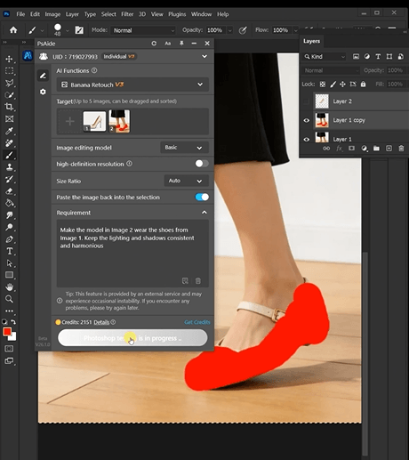 Make the model in Image 2 wear the shoes fromImage 1. Keep the lighting and shadows corsistentand haemonlous