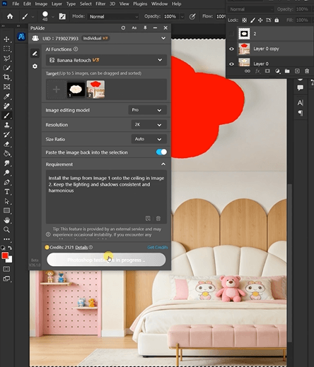 Install the lamp from Iimage 1 onto the celing in Image
2. Keep the lighing and shadowes conslstent andharmonious