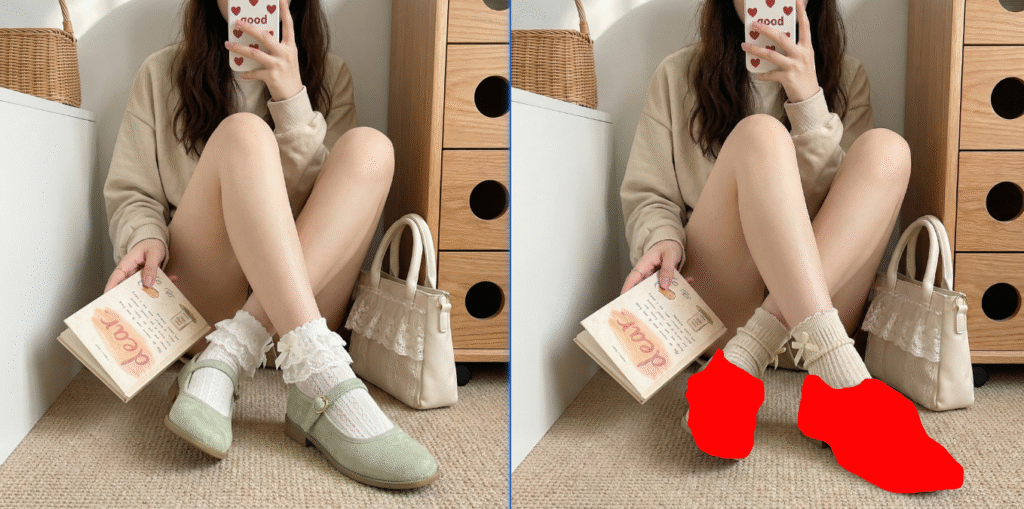 Mark the shoes in red Open the model image in Ps