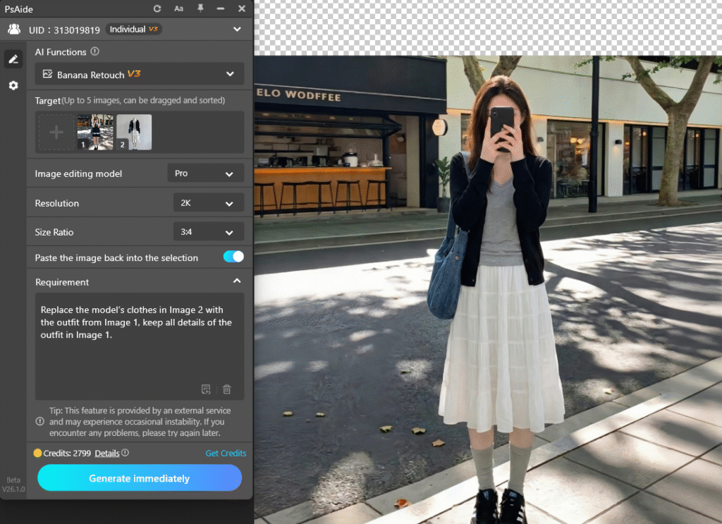 Click Generate AI automatically replaces clothes