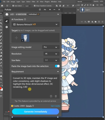 Convert to 3D style, maintain the IP image andcolor consistency, add slight shadows tohighlight the three-dimensional effect, OCrendering, C4D