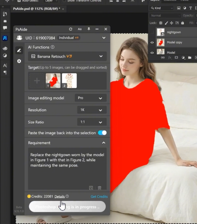 Replaoe the nightgown worn by the modelin Figure 1 with that in Figure 2, whilemaintaining the same pose.