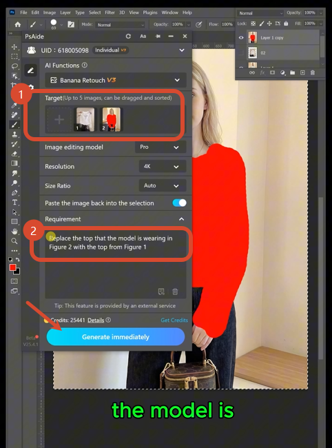 Open the Psaide plugin panel within Photoshop and open the Nano Banana retouch module