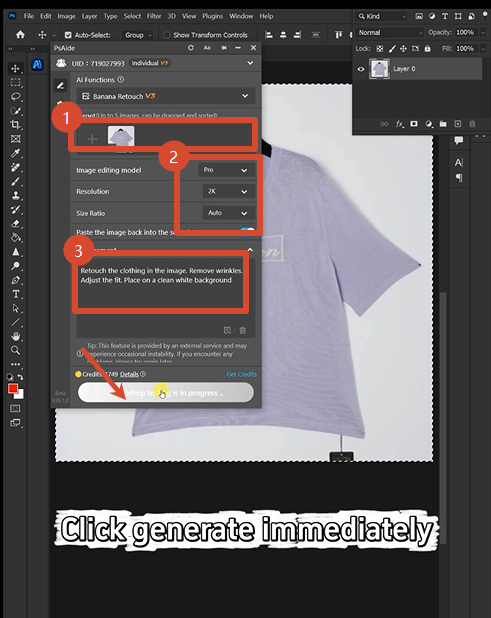Launch Nano Banana from the PsAide panel. Select the Pro version. Set resolution to 2K