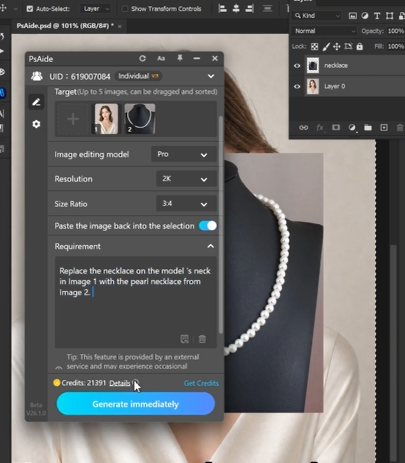 Add an elegant necklace to the model, ensure realistic jewelry reflection, natural placement on neck, accurate lighting, and premium fashion look.
