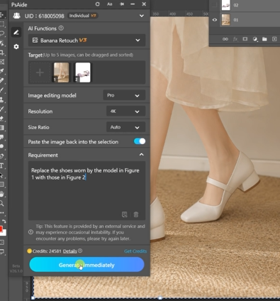 Replace the shoes with a new stylish design, keep the model’s feet unchanged, preserve realistic material details, shadows, perspective, and natural lighting.