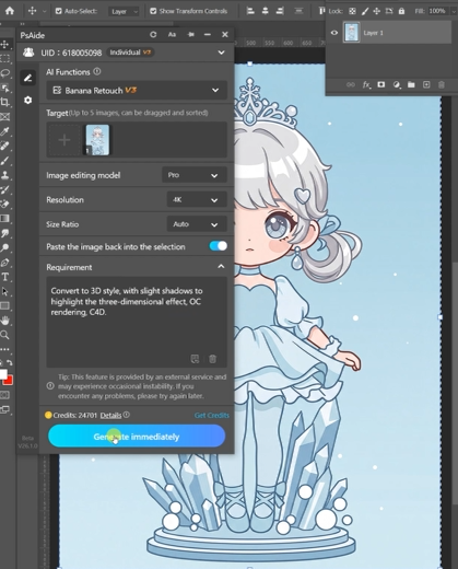 Convert this 2D IP character into a high-quality 3D render, add depth, realistic lighting, smooth shading, cinematic style, and preserve original character identity.